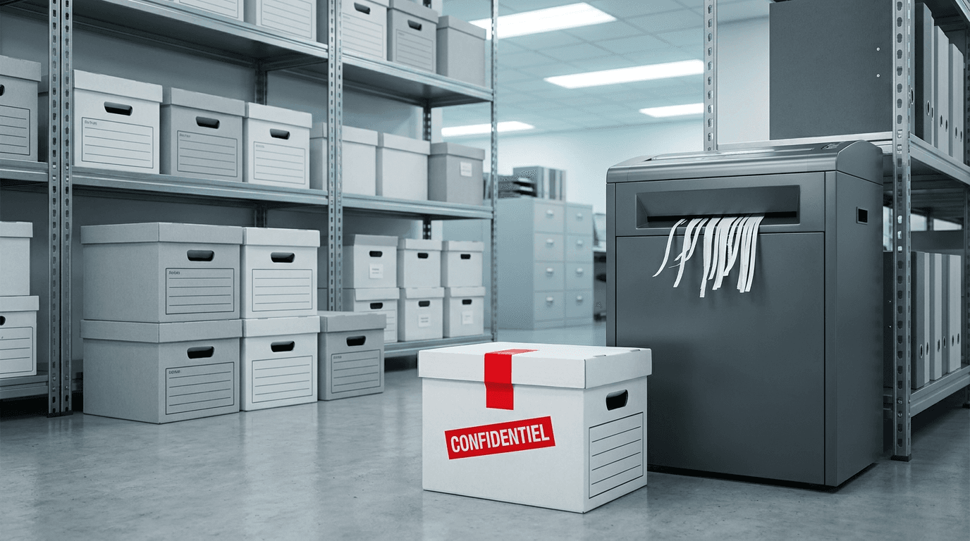 Cartons d'archives professionnels scellés confidentiel avec broyeur industriel — Long Débarras entreprises