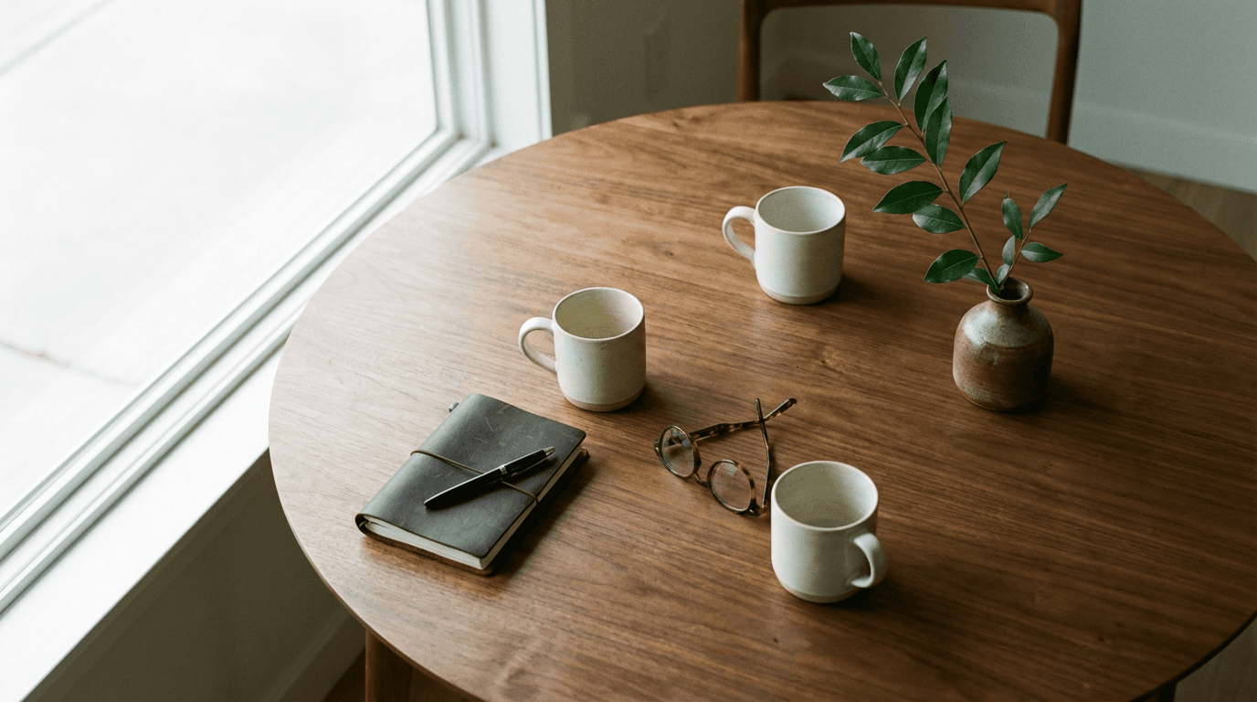 Intérieur apaisé et nettoyé après intervention Diogène — table en bois et objets personnels
