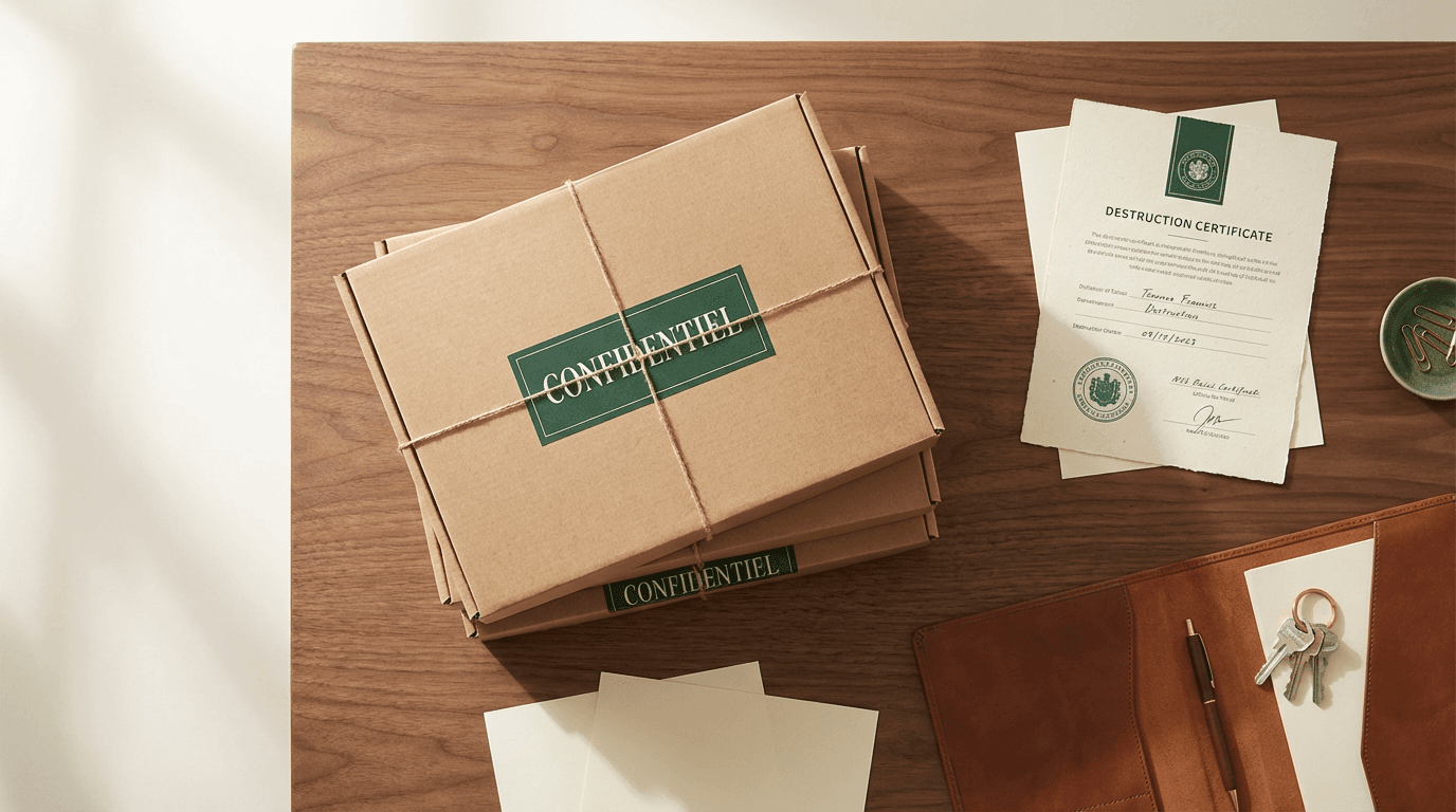 Cartons d'archives confidentielles scellés avec certificat de destruction