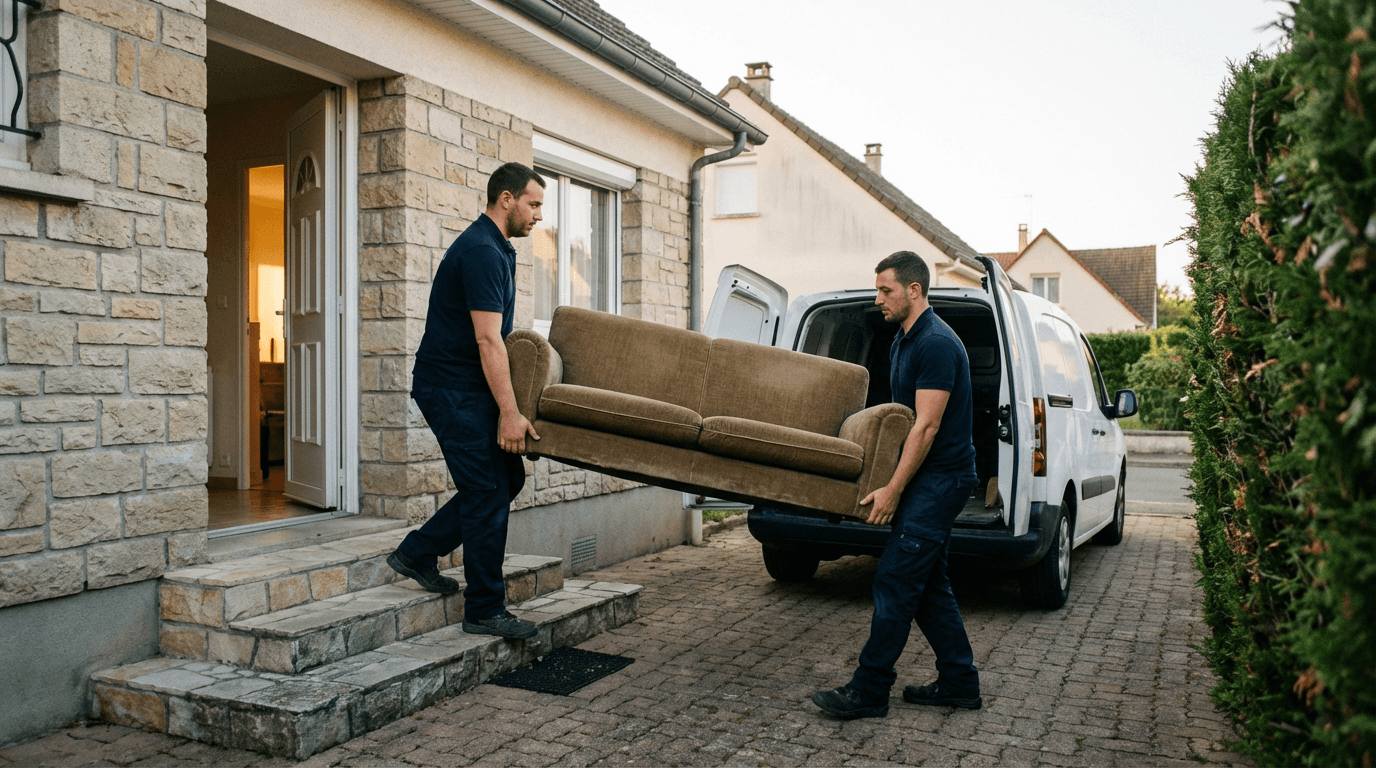Équipe Long Débarras chargeant un canapé dans un utilitaire devant une maison