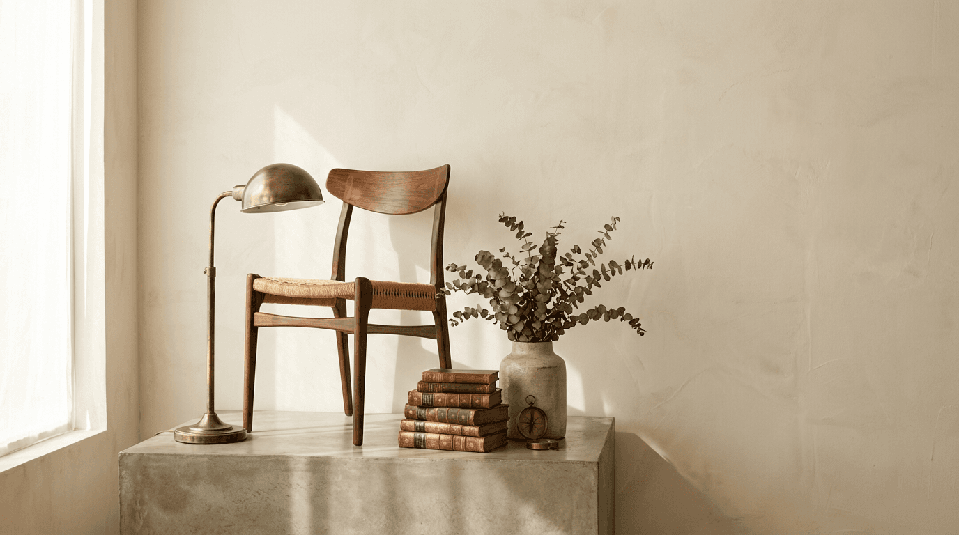Chaise et objets anciens revalorisés dans un intérieur chaleureux
