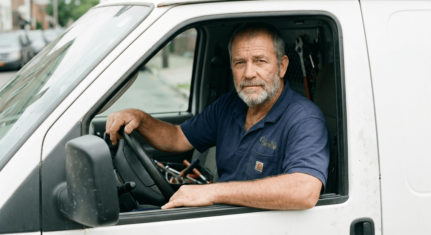 Portrait Olivier Long, dirigeant Long Débarras, dans la cabine de son fourgon utilitaire